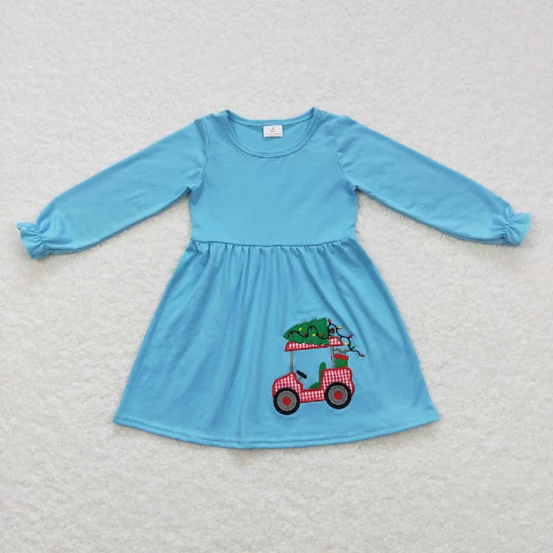 GLD0391 Embroidery Christmas tree sightseeing car light blue long-sleeved dress Cowl Neckline Elegant
