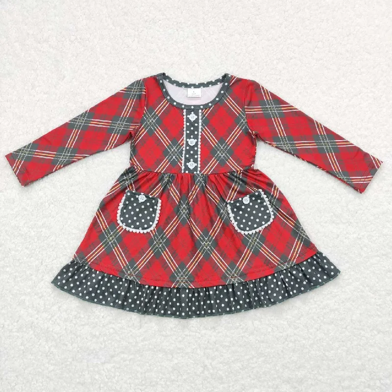 GLD0424 Red and green plaid polka dot lace pocket long-sleeved dress Tunics Wedding white