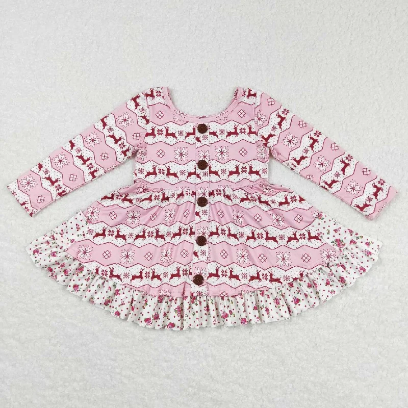 GLD0433 Reindeer Snowflake Flower Pink and White Button Long Sleeve Dress Shift Classic Vintage