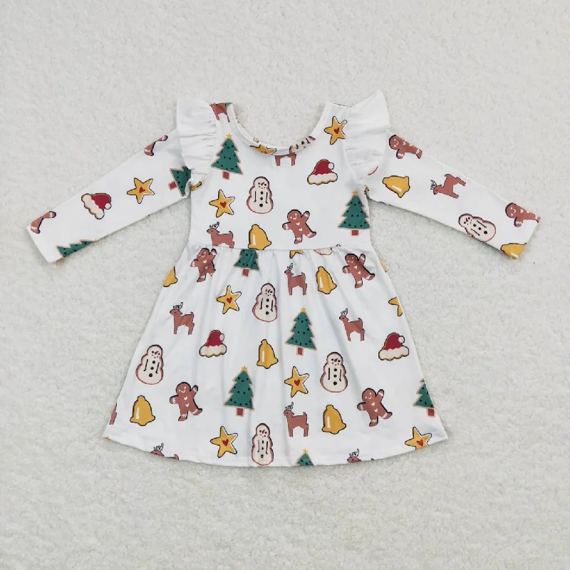 GLD0442 Gingerbread Man Star Christmas Tree Cookie Lace Long Sleeve Dress Tunics Satin smooth