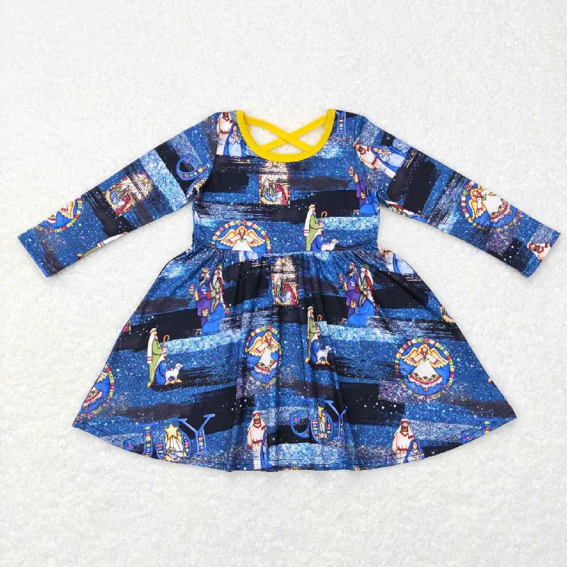 GLD0446 Jesus blue black long sleeve dress Boat Neckline Classic