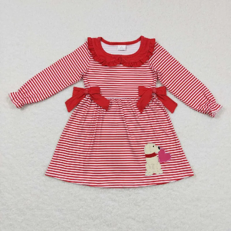 GLD0448 Embroidered puppy heart bow lace red and white striped long-sleeved dress Tunics Versatile all-occasion