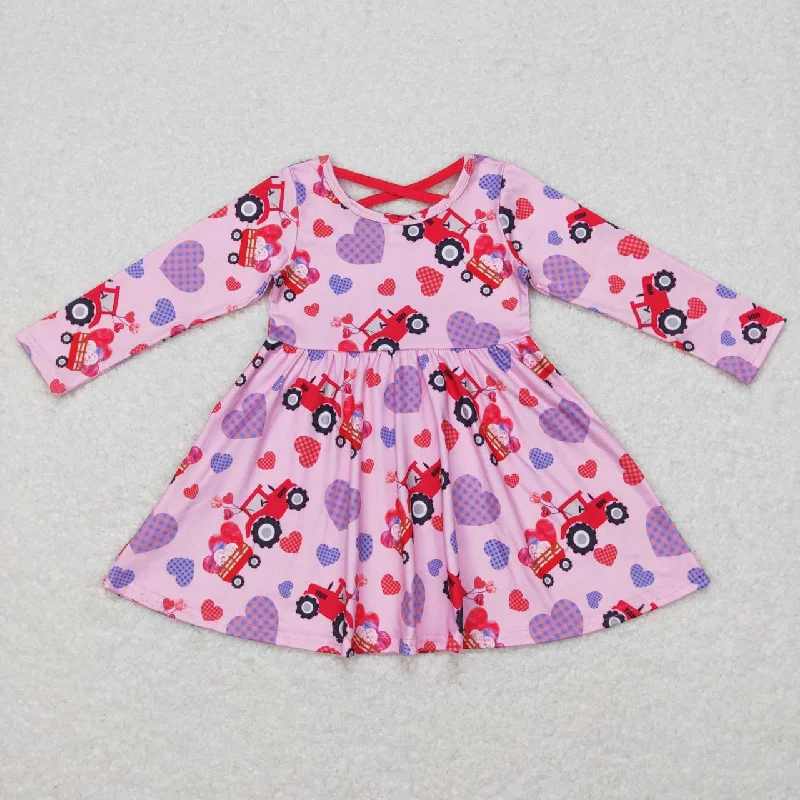 GLD0454 Plaid Love Truck Tractor Pink Long Sleeve Dress Halter Neckline Beach