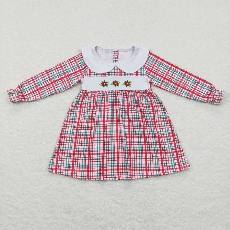 GLD0470 Factory made embroidered Christmas flower embroidered red plaid long sleeve dress Turtleneck Neckline Stylish