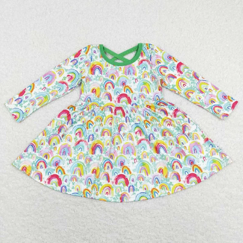 GLD0495 Rainbow Clover Green Long Sleeve Dress Crew Neckline Sporty