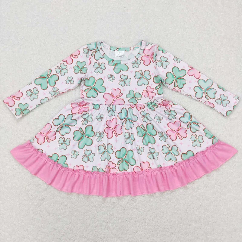 GLD0503 Four-leaf clover pink lace long-sleeved dress Tunics Satin smooth