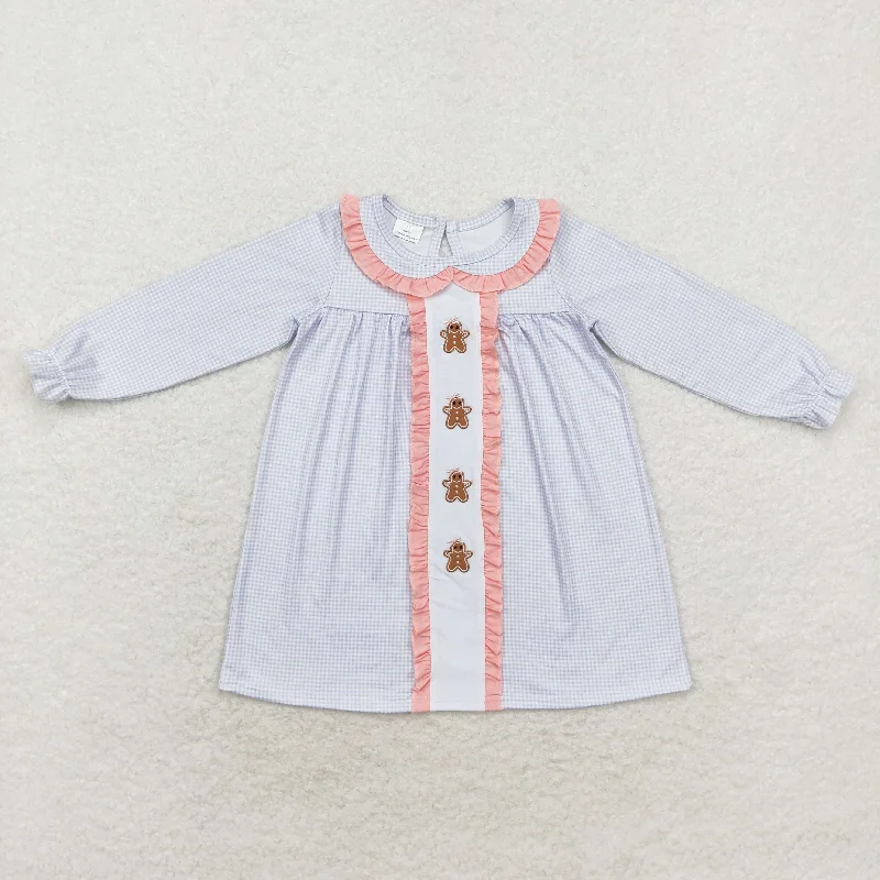 GLD0571 Embroidered gingerbread Pink Lace doll collar blue plaid long-sleeved dress Tunics Trendy modern