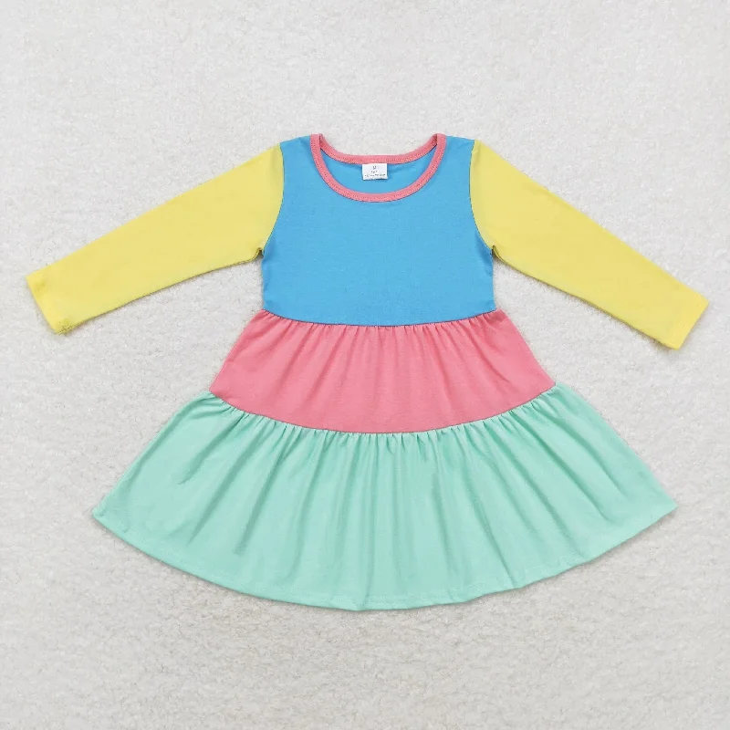 GLD0601 Yellow-green color patchwork long-sleeved dress Tunics Denim casual
