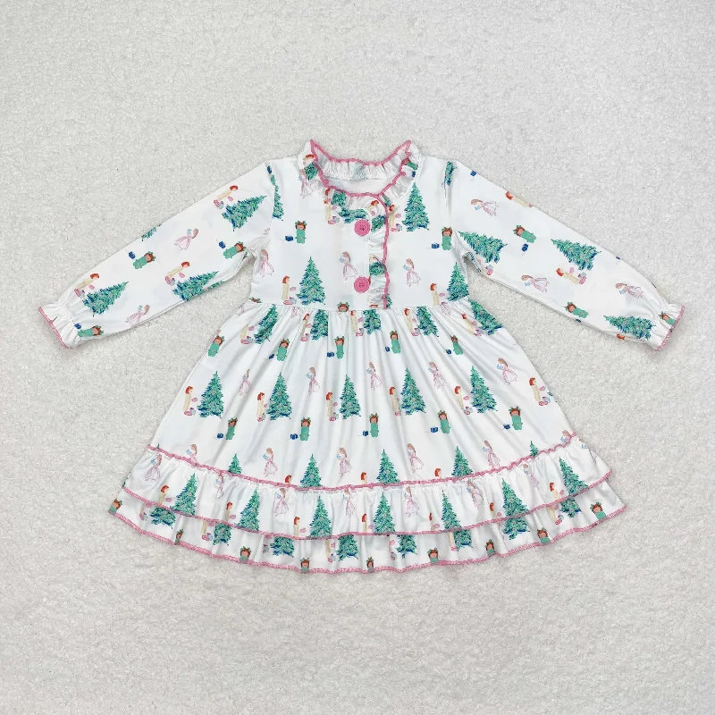 GLD0622 Girls Christmas tree gift white long-sleeved dress Tunics Fleece cozy