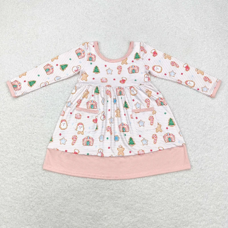 GLD0629 Christmas Snowman gingerbread crutch House pocket striped pink long-sleeved dress Square Neckline Feminine
