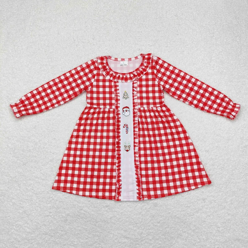 GLD0634 Embroidered Christmas tree old man crutch deer red plaid lace long-sleeved dress Pencil Office Professional
