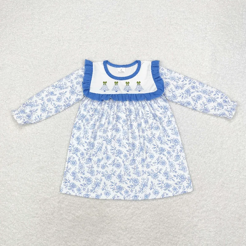 GLD0673 Christmas tree flowers Blue lace white long-sleeved dress Tunics Stylish elegant