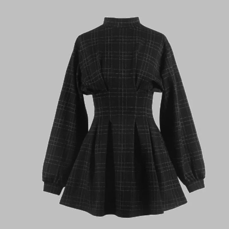 Zjkrl - Goth Dress Gothic Harajuku Vintage Plaid Wrap Balck Mini Dress Retro Pleated Punk Long Sleeve Dark Emo Aesthetic Kpop Tunics Recommended stylist