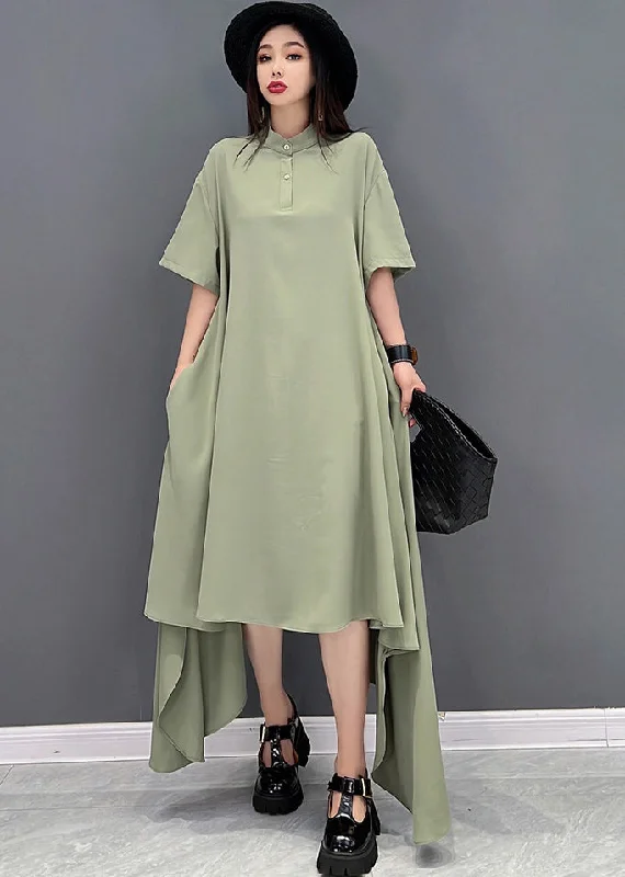 Green Low High Design Chiffon Shirt Dresses Stand Collar Short Sleeve Tunics Mesh breathable