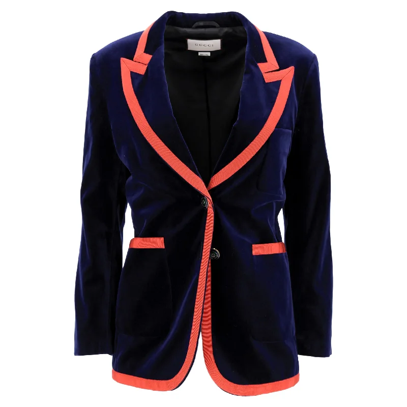 Guccci Web Trim Blazer in Navy Blue Velvet Women's Fashion Blazer