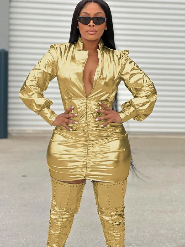 Zjkrl - Hot Womens Shiny Golden Metallic Pleated Mini Dress New Autumn Long Sleeve Evening Party Club Clothes Festival Outfits Tunics Summer linen