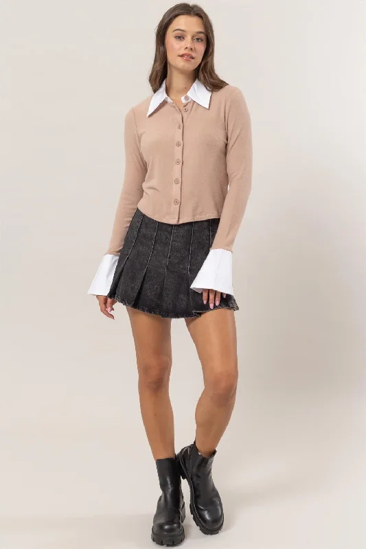 Collared Contrast Button Down Crop Knit Cardigan Open Front Closed Front Wrap Front