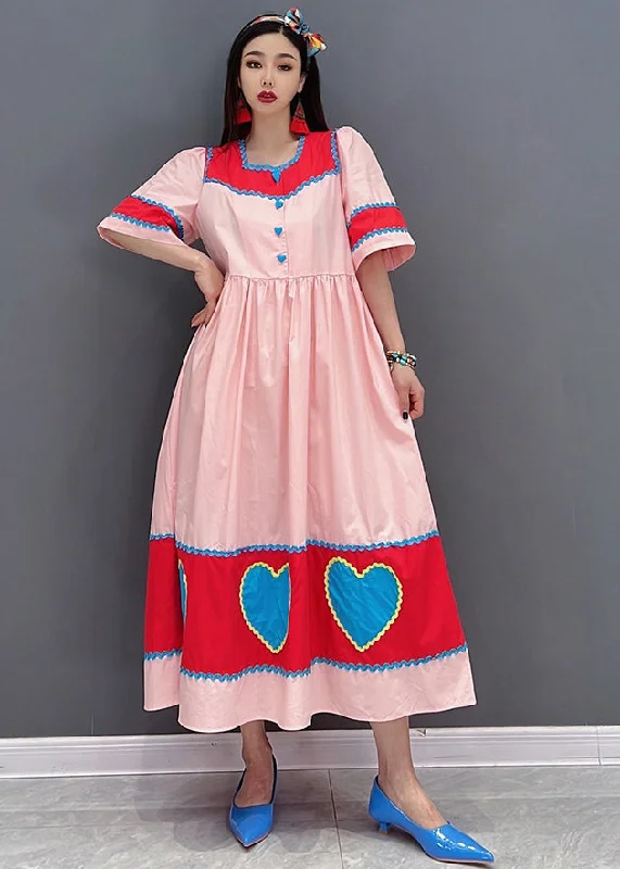 Italian Pink Square Collar Patchwork Exra Large Hem Cotton Pleated Dress Short Sleeve Turtleneck Warm Winter