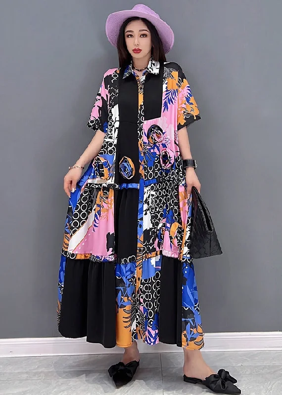 Italian Purple Peter Pan Collar Patchwork Wrinkled Print Chiffon Shirt Dresses Short Sleeve A-Line Day Work