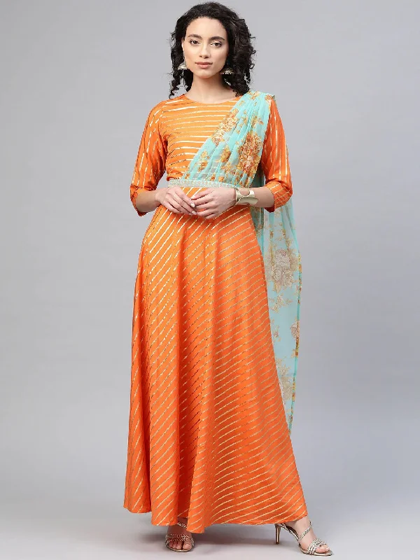 Orange & Gold Draped Ethnic Dress Tunics Denim casual