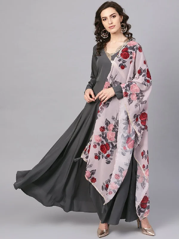 Grey Solid Flared Hem Ethnic Dress with Printed Dupatta Tunics Evening elegant