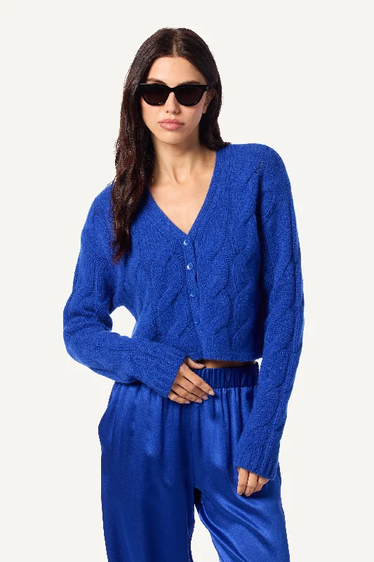 JOLIE V-NECK CROPPED CABLE CASHMERE CARDIGAN | LAPIS Mesh Fabric Canvas Fabric Denim Fabric