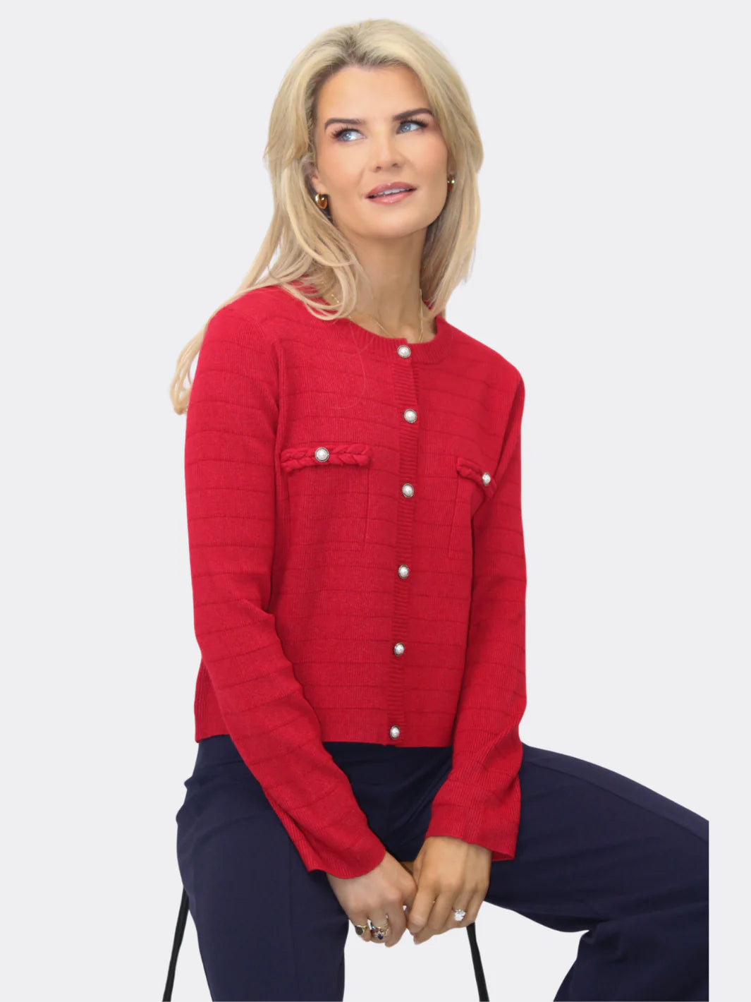 Kate And Pippa Zuki Short Cardigan with Pearl buttons. Red White or Black Cardigan Knitwear Sweater