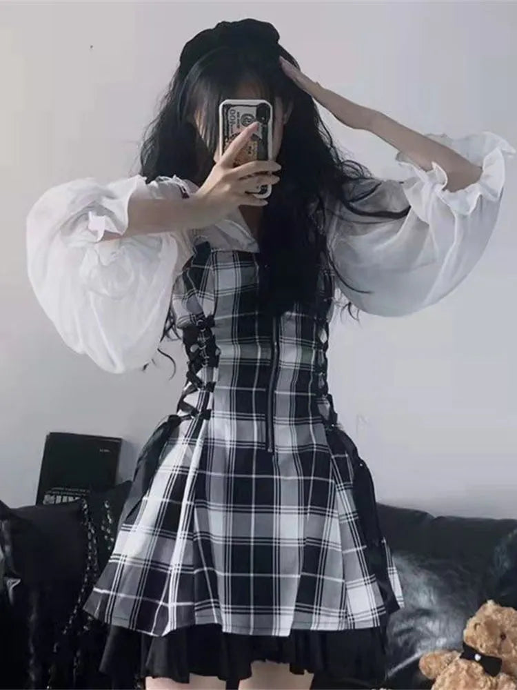 Kawaii Lolita Plaid Mini Dress Gothic E Girl Y2k Dresses Ulzzang Sweet Aesthetic Sets Sundress Fairy Grunge Cute Mall Dresses Tunics New arrival