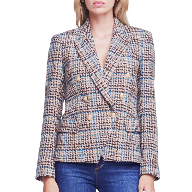 Kenzie Tweed Double-Breasted Blazer  In Tan Teal Multi Twill Plaid/star Women's Custom Jacket