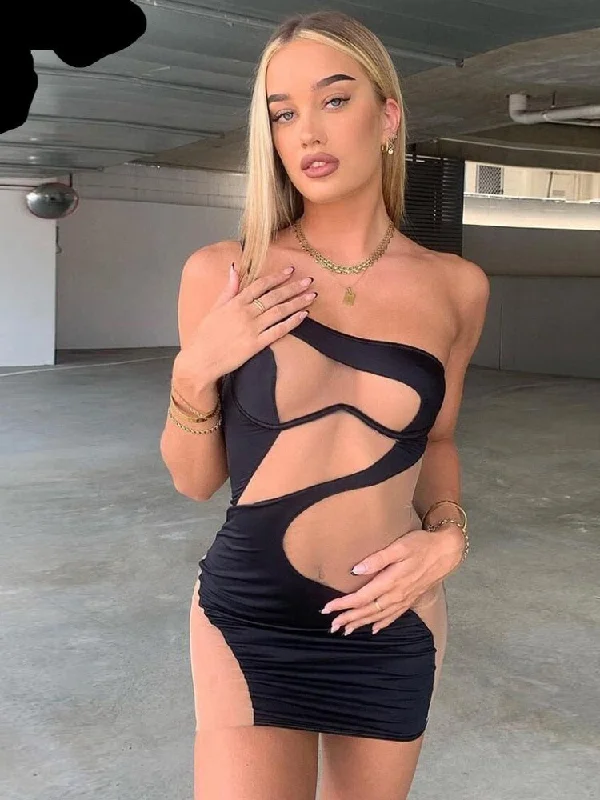 Kliou Patchwork Mini Dress Women Sexy Mesh One Shoulder High Waist Robe Girl Hot Bodycon Party Clubwear Female Midnight Skirt Tunics Yoga stretchy