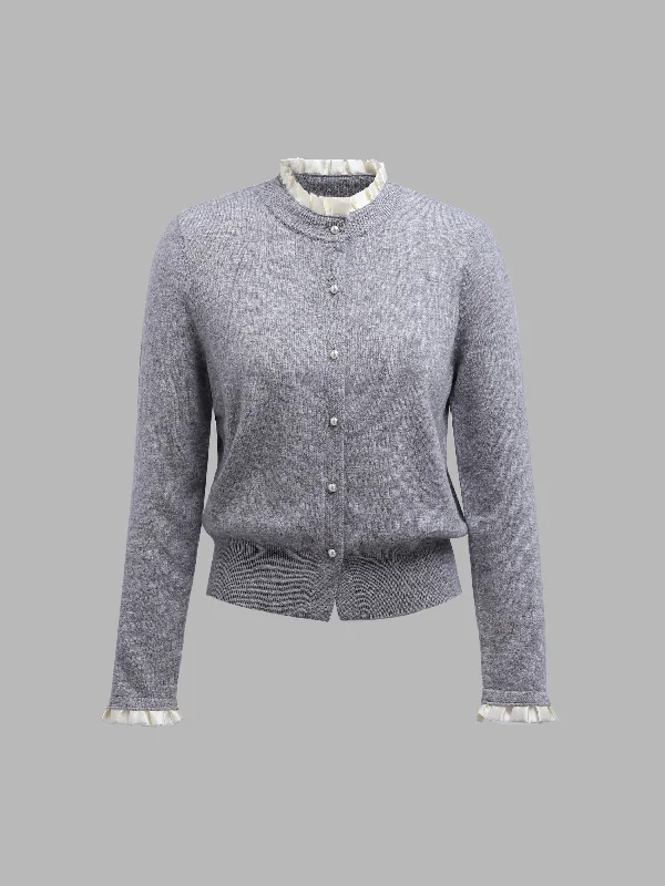Knit Cardigan with Colorblock Ruffle Neck Jersey Fabric Tulle Fabric Batik Fabric