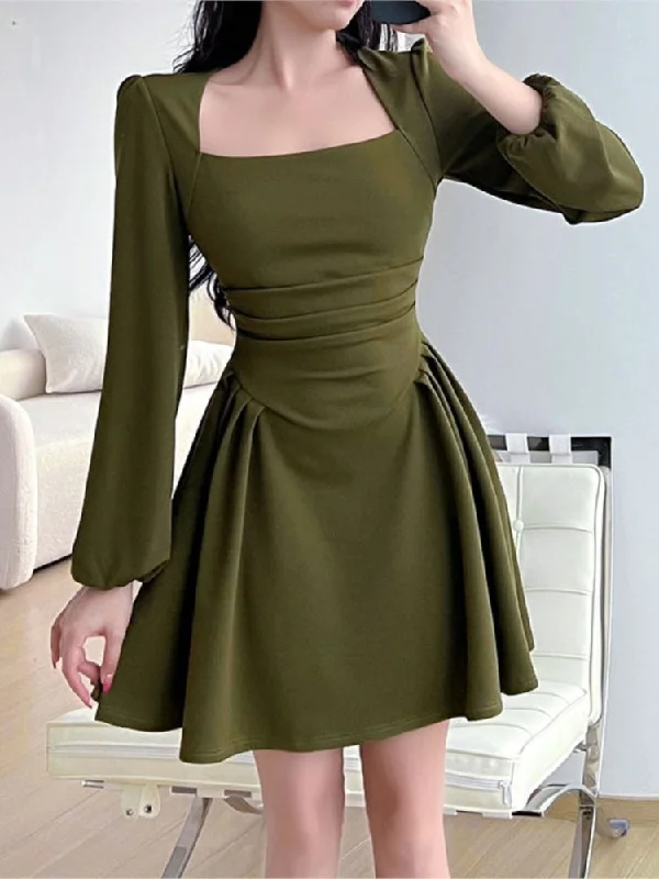 Korean Style Spring A-Line Dress For Women Square Collar Puff Sleeve Mini Dresses Casual Elegant Ladies Robe Tunics Custom made