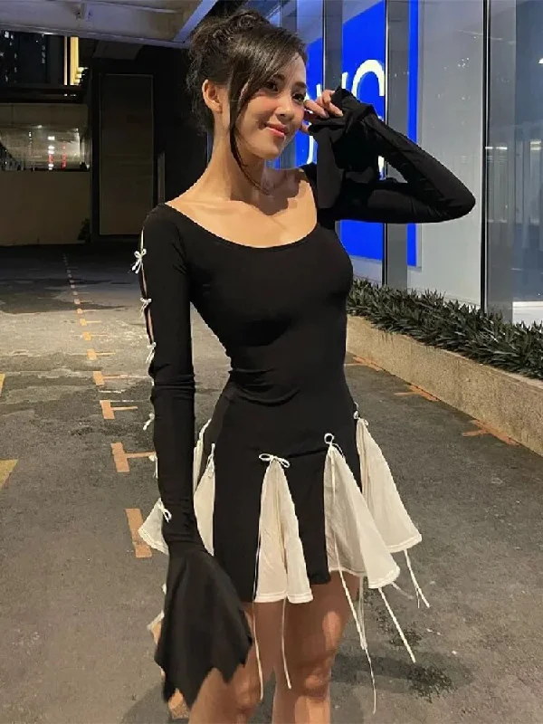 Lace Up High Waist Dress For Women Folds Splice Bodycon Mini Dress Hot Girls Street Slim See Through Dresses Woman Autumn Tunics Versatile functional