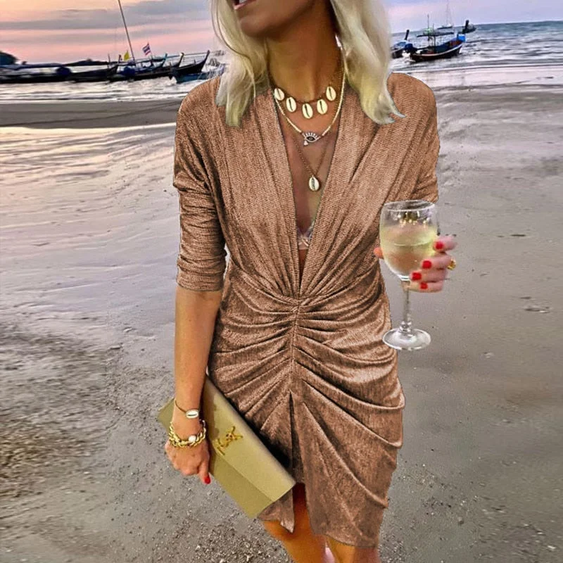 Lady Elegant Long Sleeve Club Glitter Mini Dress Sexy Deep V Neck Shiny Silk Party Dress Women Folds Pleated Bodycon Slit Dress Tunics Fall fleece