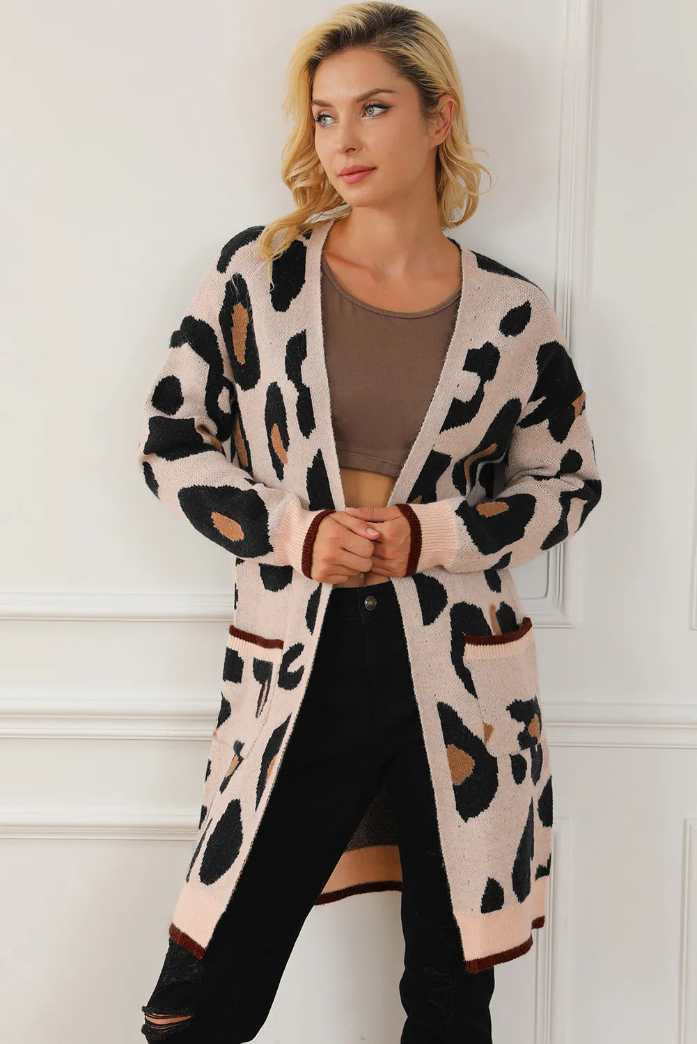 Leopard Open Front Long Sleeve Cardigan Glossy Satin Silk