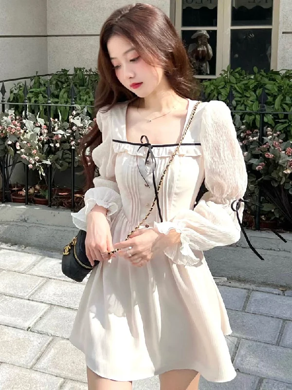 Lolita Bandage Mini Dress for Women Party Y2k Casual Long Flare Sleeve Vintage One Piece Dress Elegant Korea Fashion Autumn Tunics Luxurious high-end