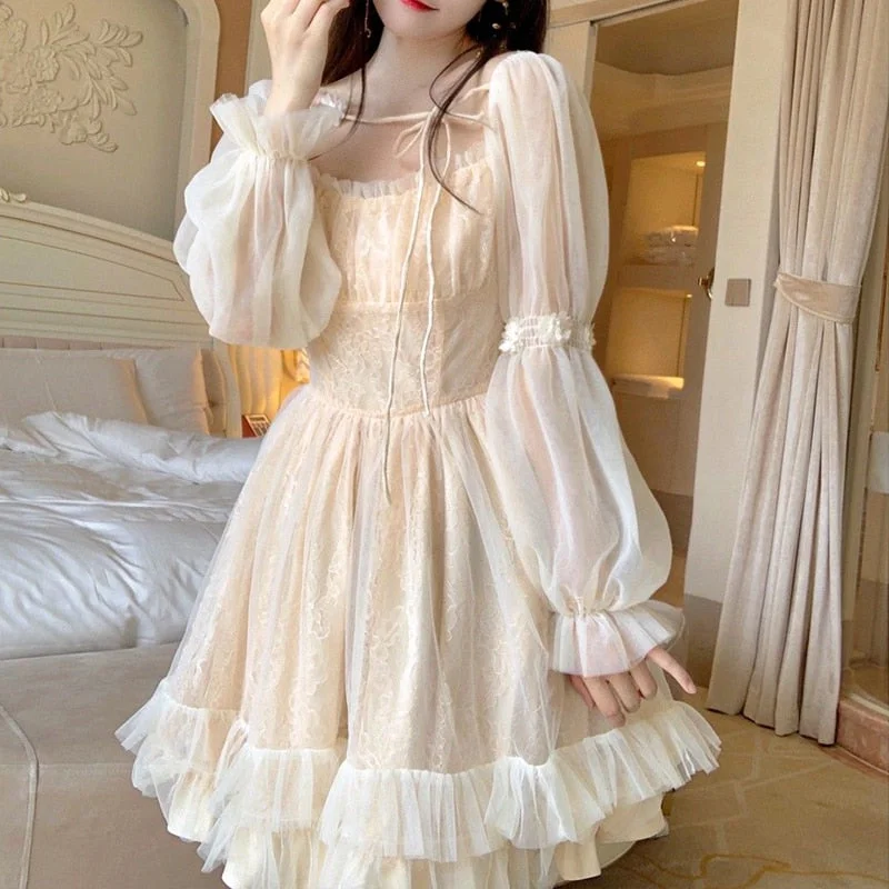 Lolita Kawaii Dress Women Casual Long Sleeve Vintage Y2k Mini Dress Female Japanese Style One Piece Dress Korean Autumn Tunics Practical durable