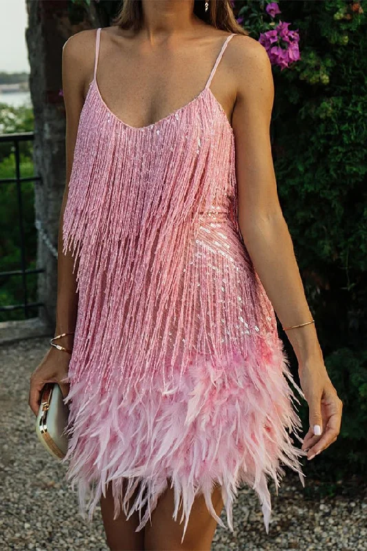 High-end temperament tassel feather stitching ladies light luxury dress Off-the-shoulder Chic Trendy