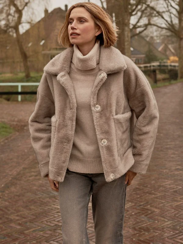 Lt Grey Reversible Faux Fur Coat Crew Neck V-Neck Boat Neck