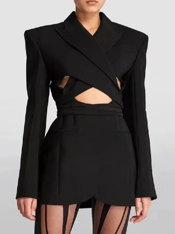 Minimalist Blazers For Women Notched Collar Long Sleeve Hollow Out Pathwork Drawstring Blazer Female Fashion New Women's Premium Blazer