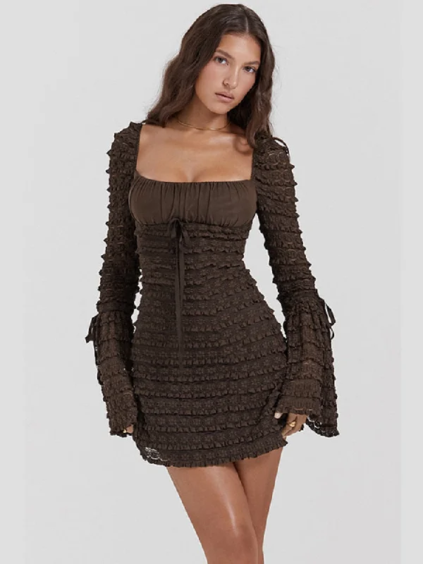 Zjkrl - Elegant Multilayer Lace Backless Mini Dress Women Brown Square Collar Long Flare Sleeve Club Party Sexy Dress Autumn Tunics Review highly