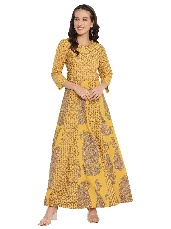 Mustard Yellow & Grey Printed Fit and Flare Maxi Dress Tunics Fashionable chic