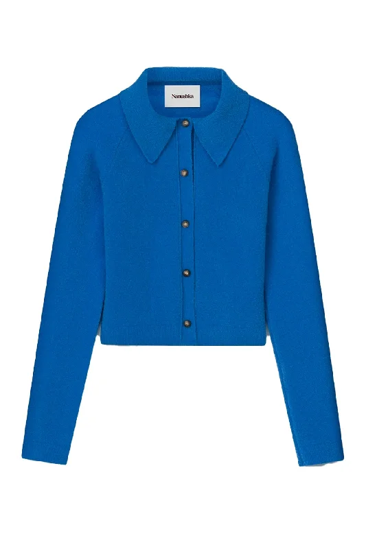 Nanushka Josi Compact Boucle Collared Cardigan - Blue Fleece Fabric Down Fabric Feather Fabric