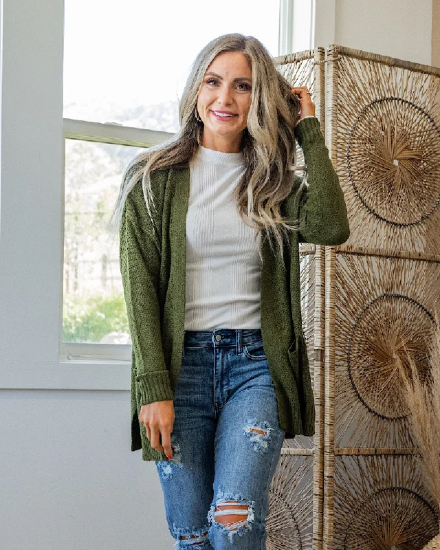 Brittany Open Front Waffle Cardigan - Olive Stretchy Elastic Breathable