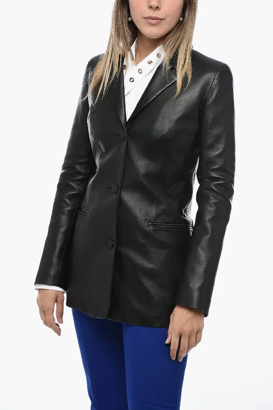Off-White Leather Fitted Blazer With Welt Pocket 40 Italian Size Women's Warm Suit