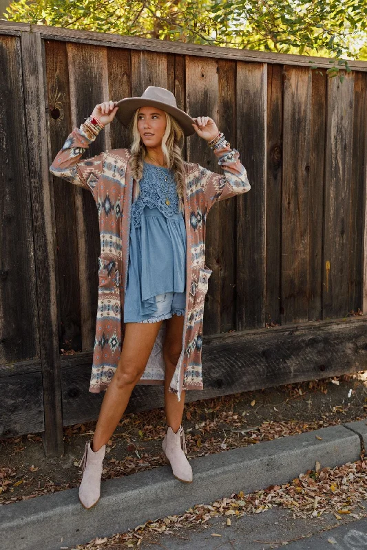 The Nest Santa Fe Rose Duster Cardigan - Multi Knit Fabric Woven Fabric Fleece Fabric
