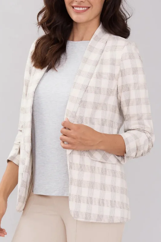 Peace of Cloth Lapel Collar Ruched Sleeve Plaid Crepe Blazer Women's Luxurious Jacket