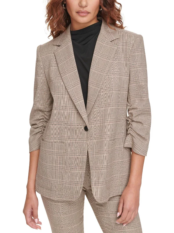 Petites Womens Houndstooth Ruched One-Button Blazer Women's Pencil Blazer