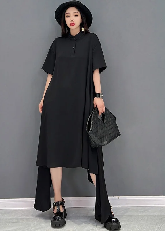 Plus Size Black Asymmetrical Design Chiffon Long Dresses Short Sleeve Tunics Party sparkling