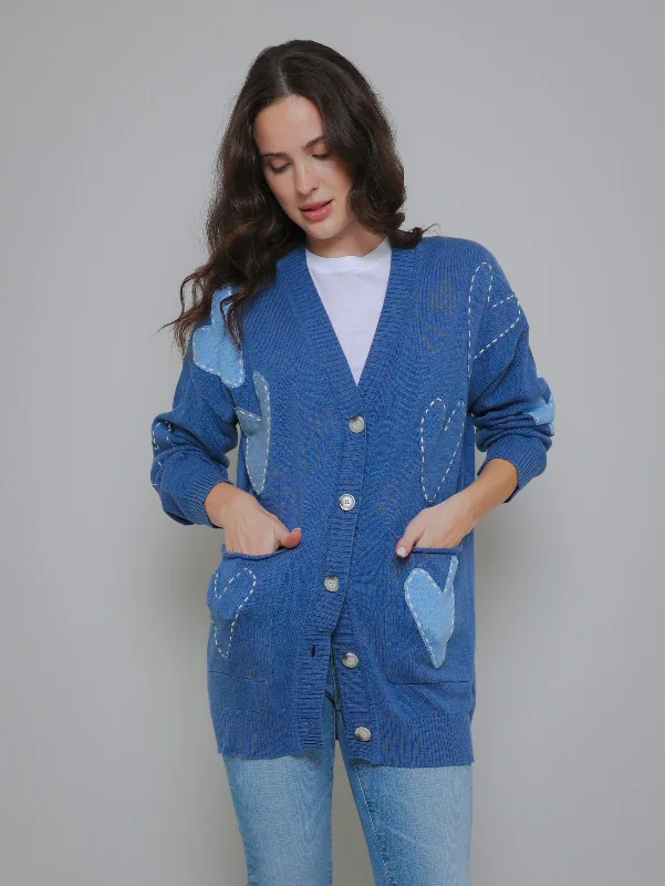 Poppy Heart Cardigan - Blue Boat Neck Shawl Collar Notched Collar